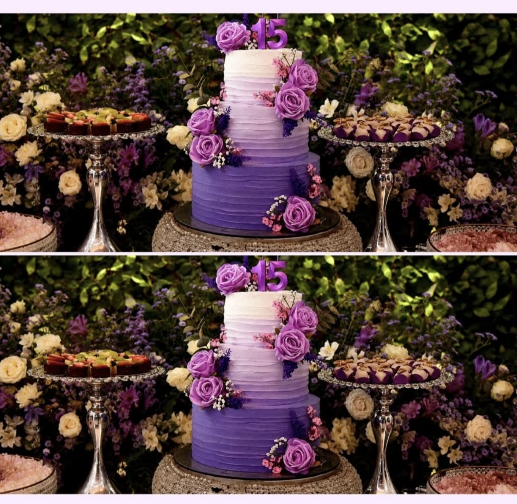 Bolo de 15 anos lilás com rosas no jardim
